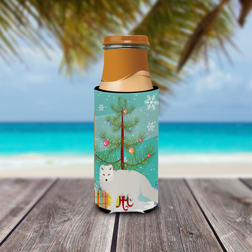White Arctic Fox Christmas Slim Can Hugger , Insulated Foam Hugger for 12 oz Slim Cans, Beer Bottles & Water Bottles, Printed in USA