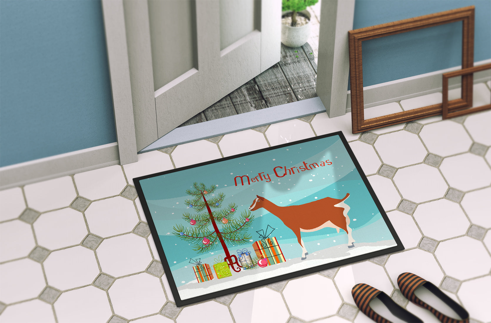 Toggenburger Goat Christmas Doormat Indoor Outdoor 24H X 36W Front Door Mat Rugs for Entryway, Non Slip Washable Low Pile,