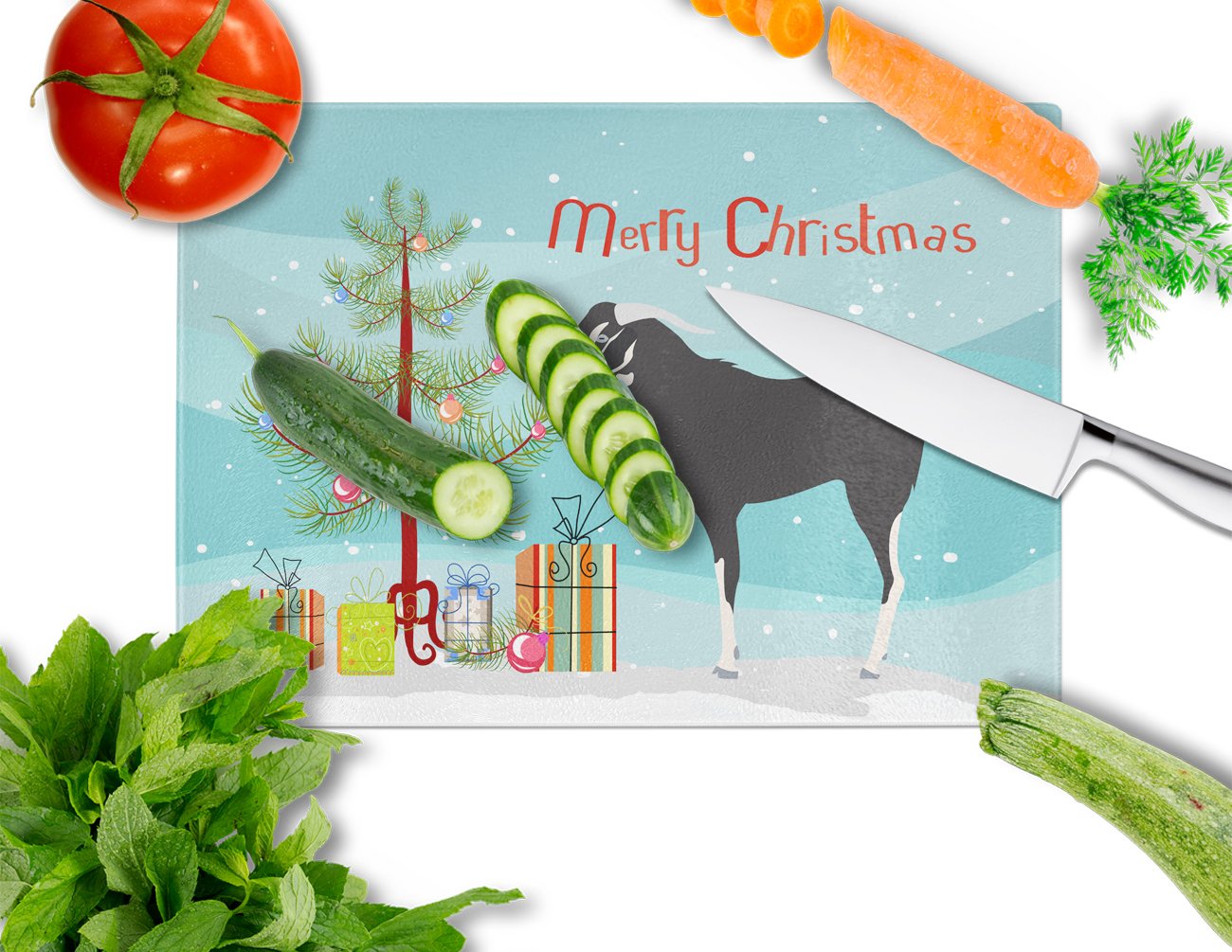 Black Bengal Goat Christmas Cutting Board Tempered Glass Kitchen Cutting Surface, Heat Resistant Chopping, Non-Slip Feet, Food Prep & Serving