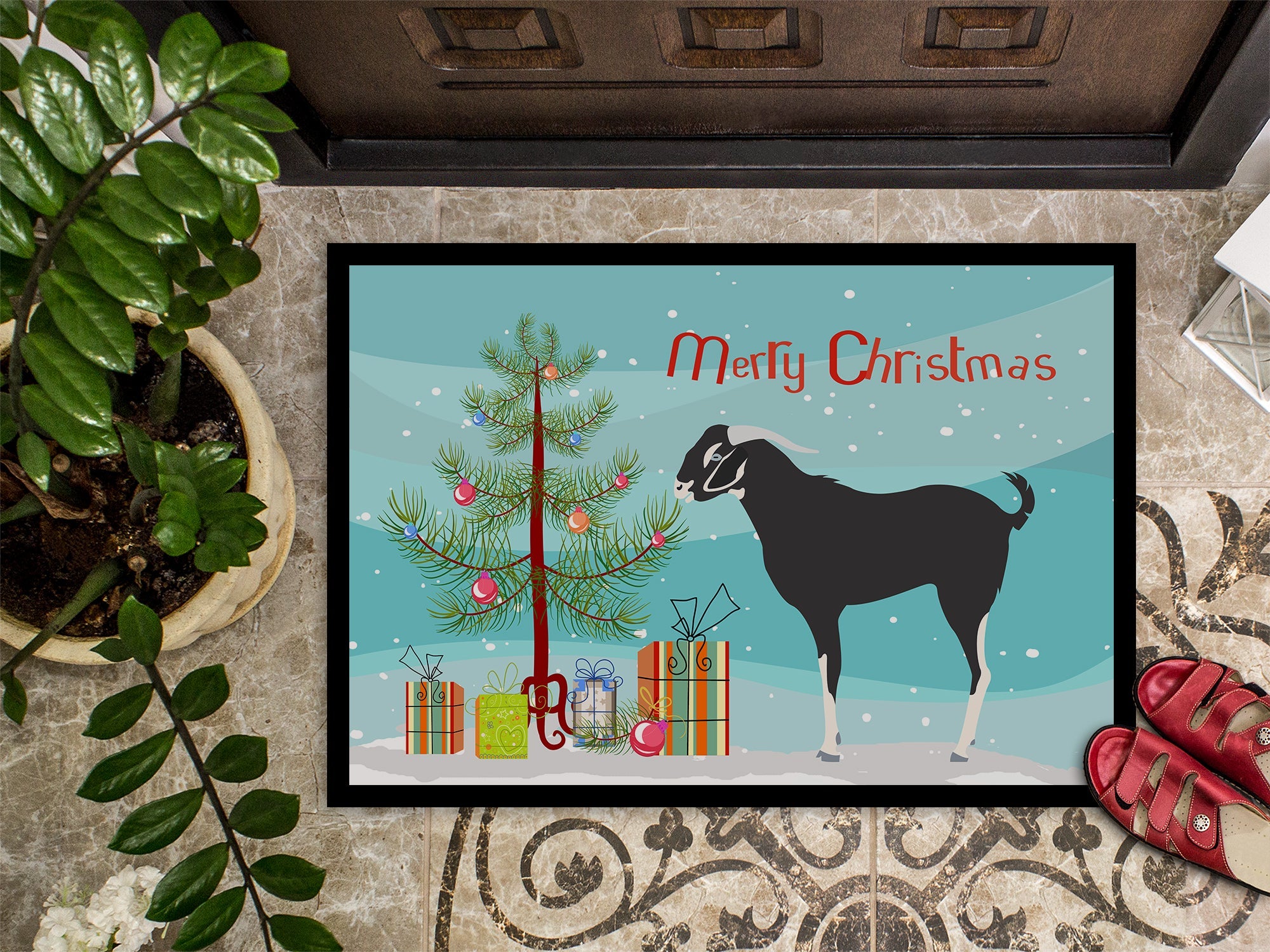 Black Bengal Goat Christmas Doormat Indoor Outdoor 18H X 27W Front Door Mat Rugs for Entryway, Non Slip Washable
