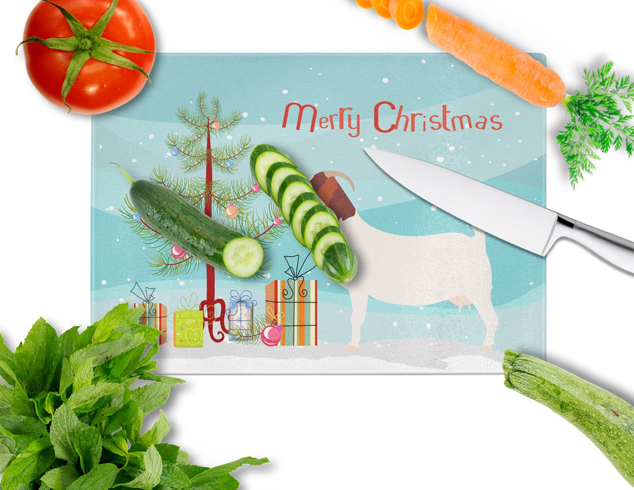 Boer Goat Christmas Cutting Board Tempered Glass Kitchen Cutting Surface, Heat Resistant Chopping, Non-Slip Feet, Food Prep & Serving