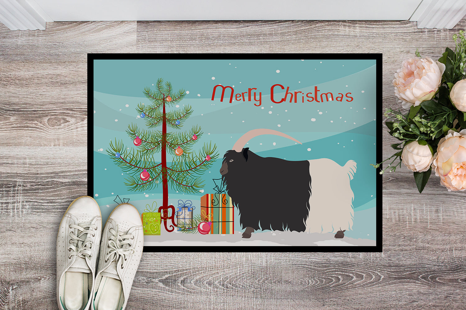 Welsh Black-Necked Goat Christmas Doormat Indoor Outdoor 24H X 36W Front Door Mat Rugs for Entryway, Non Slip Washable Low Pile,