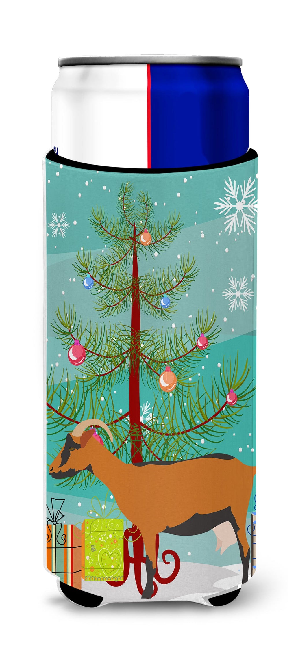 Oberhasli Goat Christmas Slim Can Hugger , Insulated Foam Hugger for 12 oz Slim Cans, Beer Bottles & Water Bottles, Printed in USA