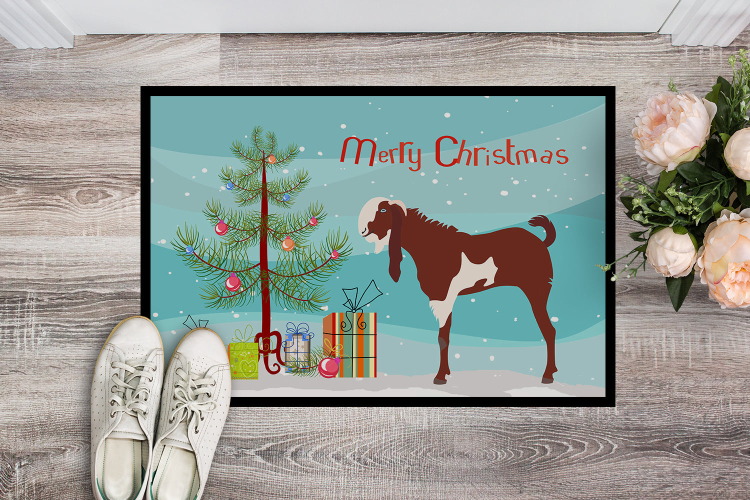 Jamnapari Goat Christmas Doormat Indoor Outdoor 18H X 27W Front Door Mat Rugs for Entryway, Non Slip Washable