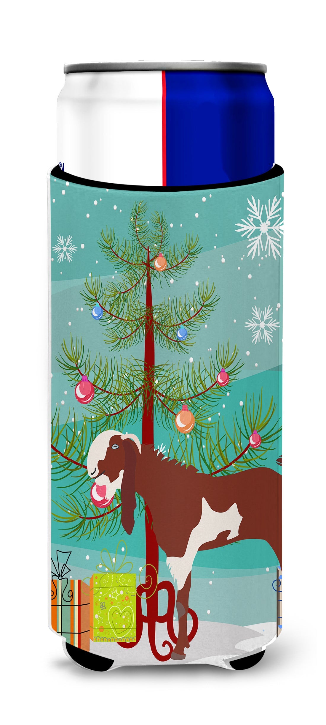 Jamnapari Goat Christmas Slim Can Hugger , Insulated Foam Hugger for 12 oz Slim Cans, Beer Bottles & Water Bottles, Printed in USA