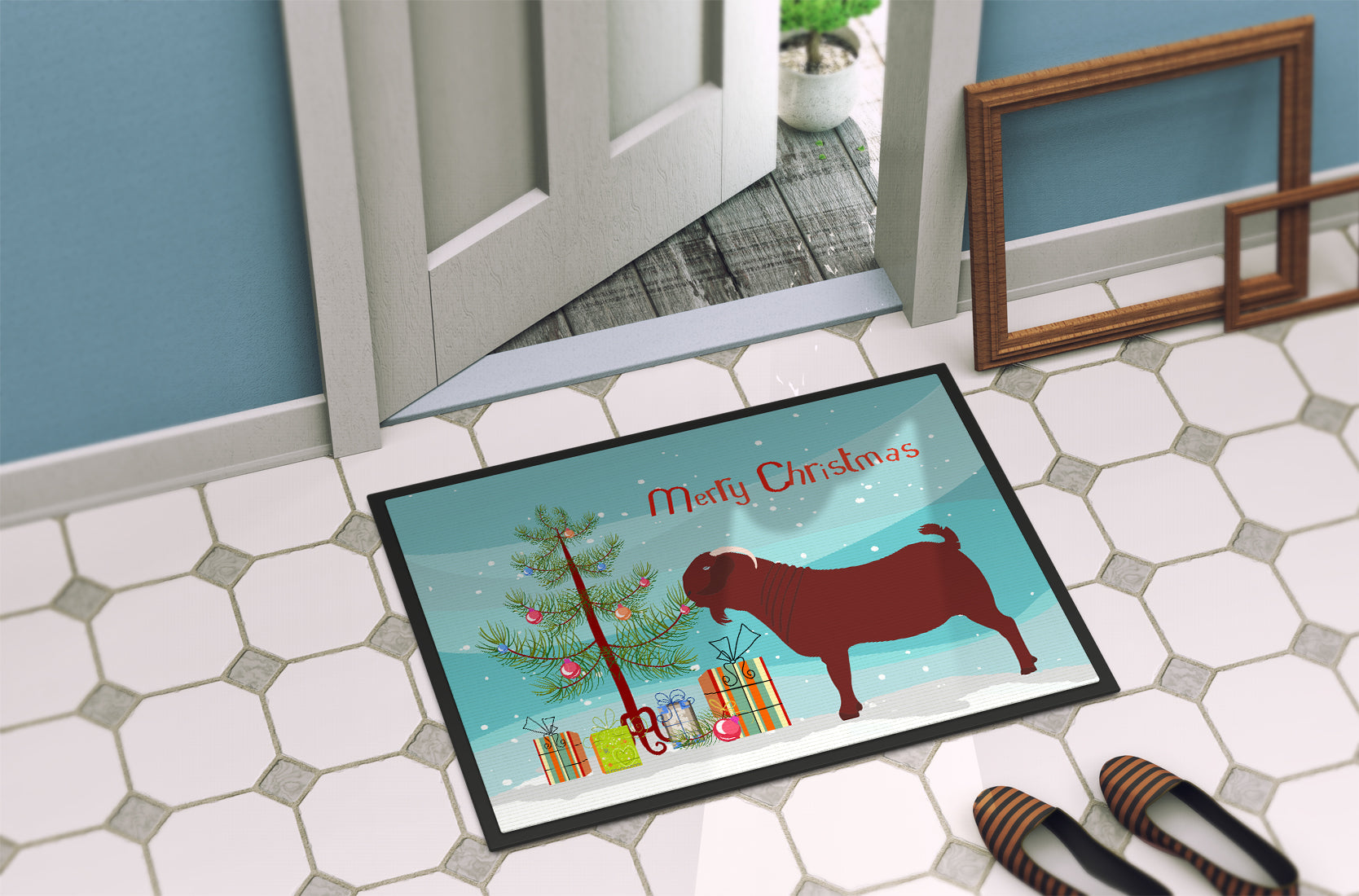 Kalahari Red Goat Christmas Doormat Indoor Outdoor 18H X 27W Front Door Mat Rugs for Entryway, Non Slip Washable