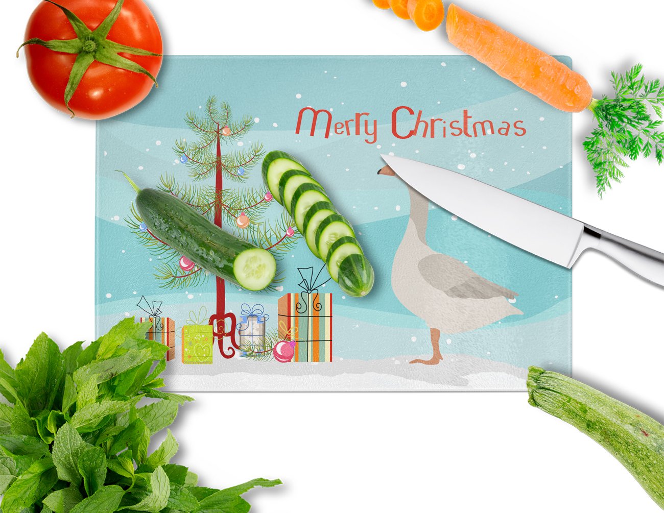 Steinbacher Goose Christmas Cutting Board Tempered Glass Kitchen Cutting Surface, Heat Resistant Chopping, Non-Slip Feet, Food Prep & Serving