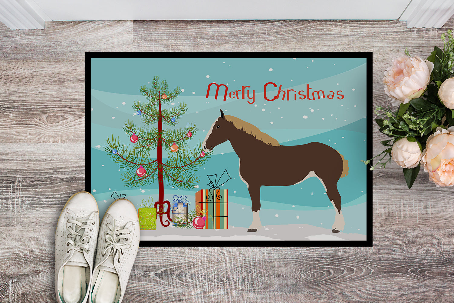 Percheron Horse Christmas Doormat Indoor Outdoor 24H X 36W Front Door Mat Rugs for Entryway, Non Slip Washable Low Pile,