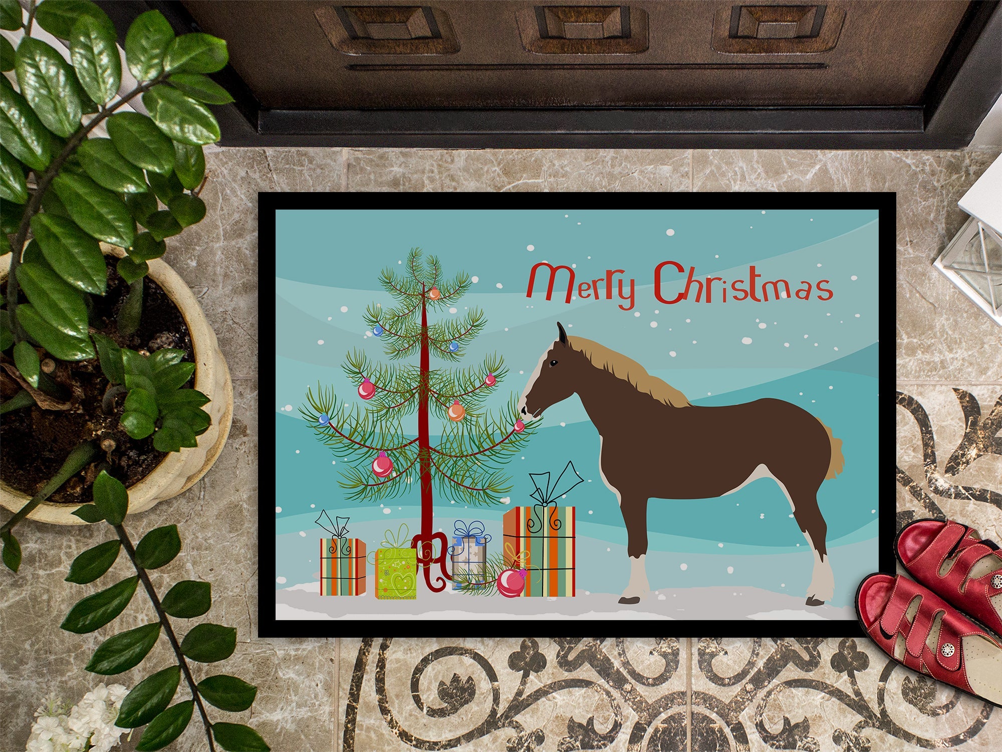 Percheron Horse Christmas Doormat Indoor Outdoor 24H X 36W Front Door Mat Rugs for Entryway, Non Slip Washable Low Pile,