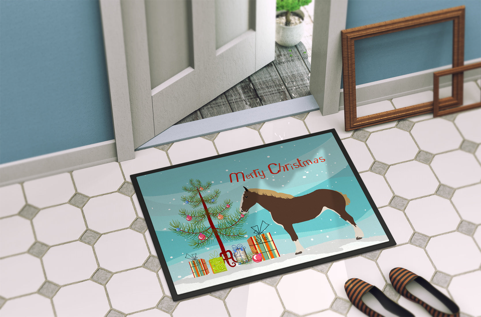 Percheron Horse Christmas Doormat Indoor Outdoor 24H X 36W Front Door Mat Rugs for Entryway, Non Slip Washable Low Pile,