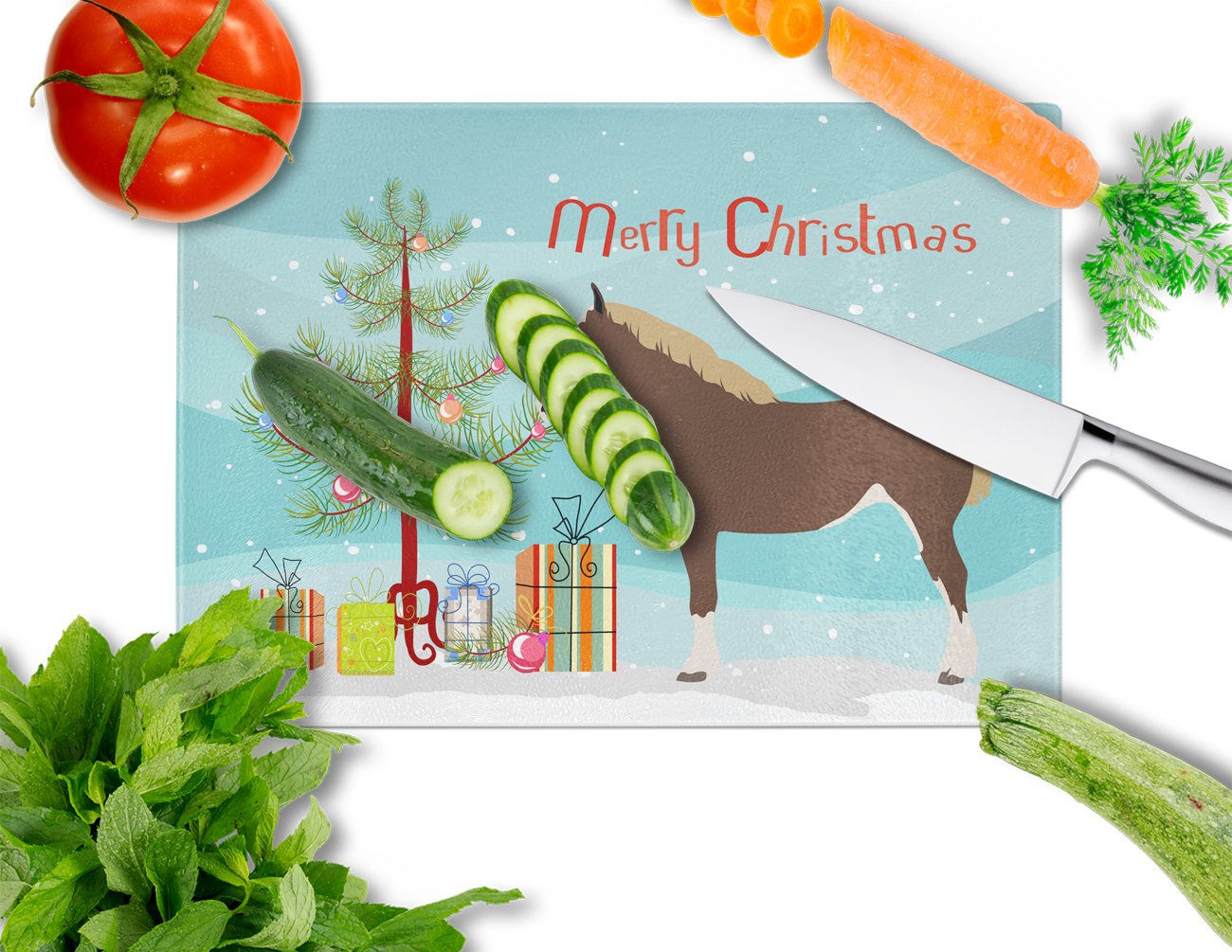 Percheron Horse Christmas Cutting Board Tempered Glass Kitchen Cutting Surface, Heat Resistant Chopping, Non-Slip Feet, Food Prep & Serving