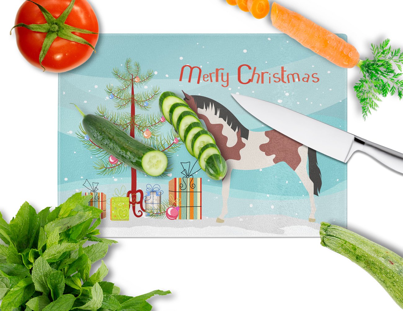 Pinto Horse Christmas Cutting Board Tempered Glass Kitchen Cutting Surface, Heat Resistant Chopping, Non-Slip Feet, Food Prep & Serving