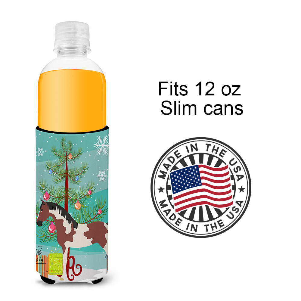 Pinto Horse Christmas Slim Can Hugger , Insulated Foam Hugger for 12 oz Slim Cans, Beer Bottles & Water Bottles, Printed in USA