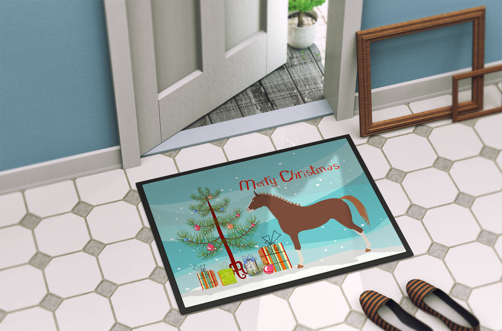 Hannoverian Horse Christmas Doormat Indoor Outdoor 24H X 36W Front Door Mat Rugs for Entryway, Non Slip Washable Low Pile,