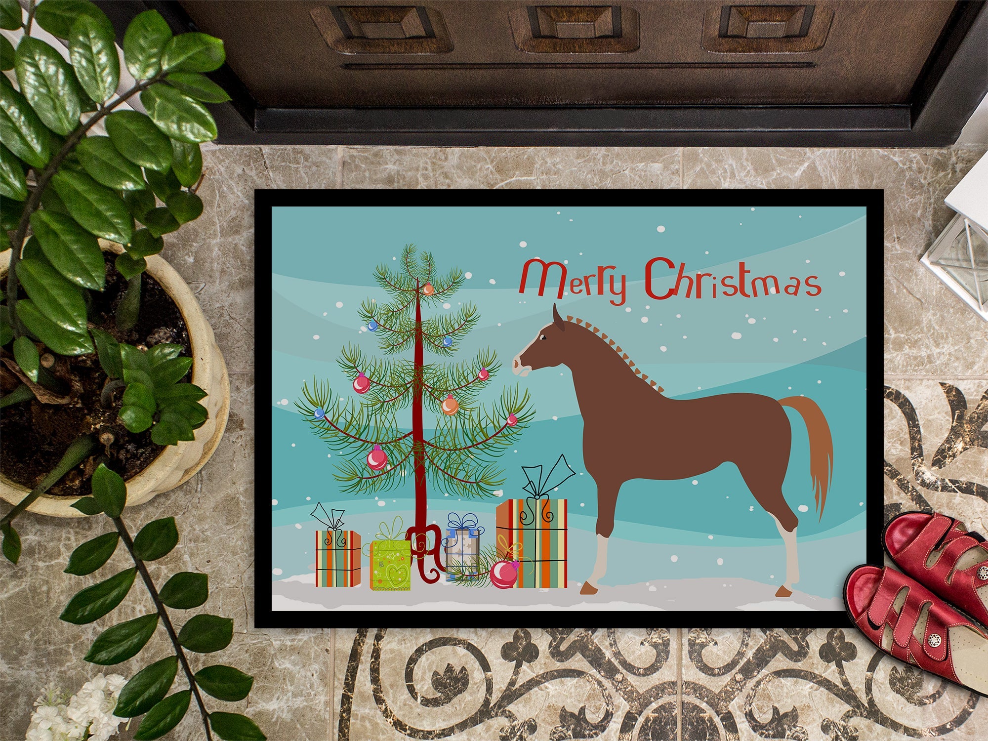 Hannoverian Horse Christmas Doormat Indoor Outdoor 18H X 27W Front Door Mat Rugs for Entryway, Non Slip Washable