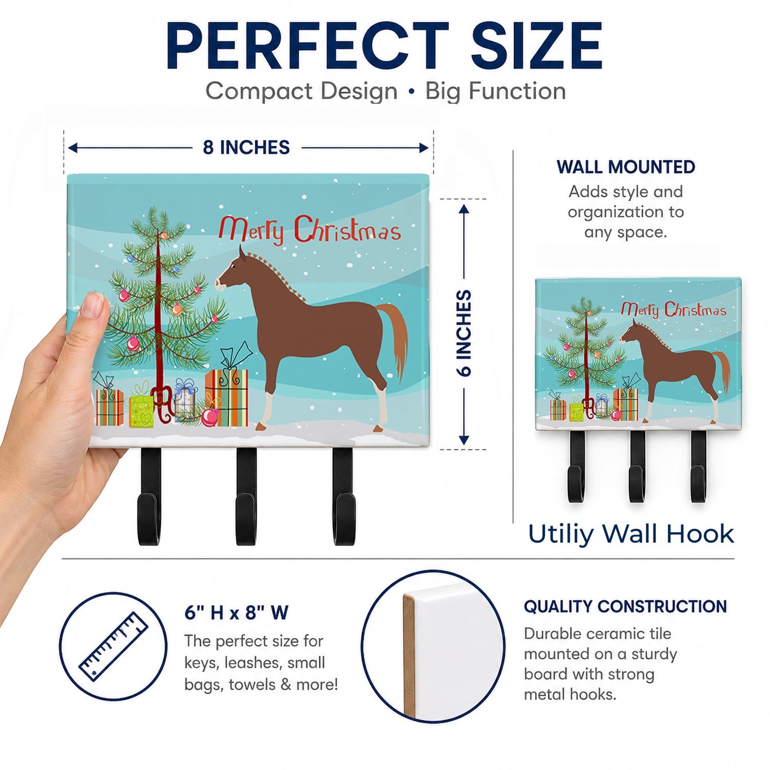 Hannoverian Horse Christmas Leash or Key Holder Wall Hooks, Coat Rack Wall Mount, for Hanging Keys, Towels, Aprons, Leashes