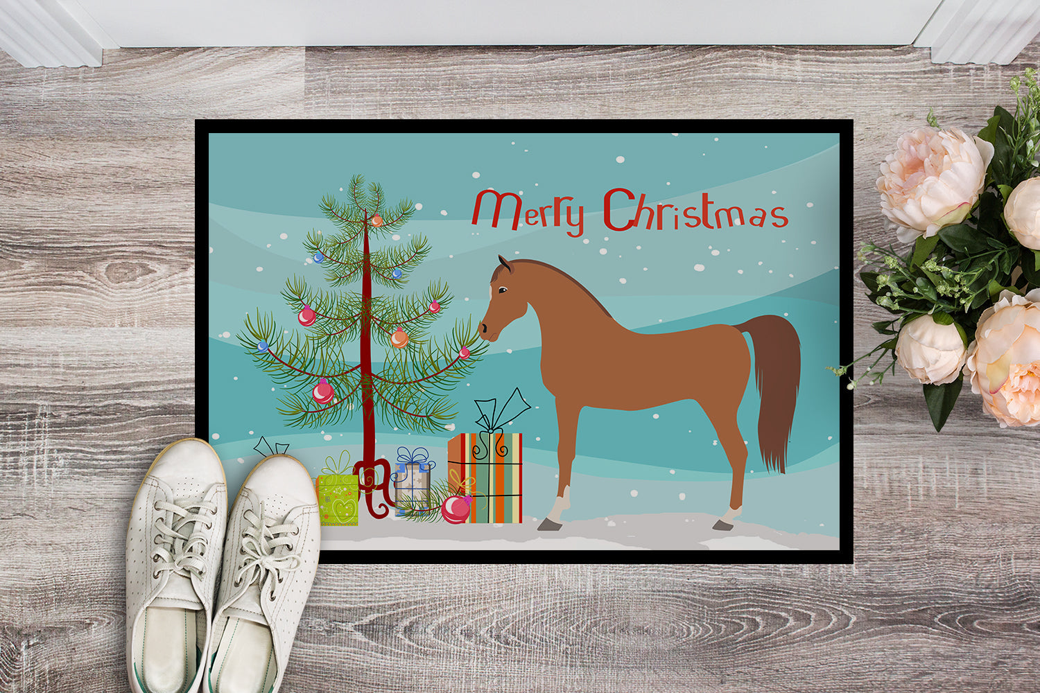 Arabian Horse Christmas Doormat Indoor Outdoor 18H X 27W Front Door Mat Rugs for Entryway, Non Slip Washable
