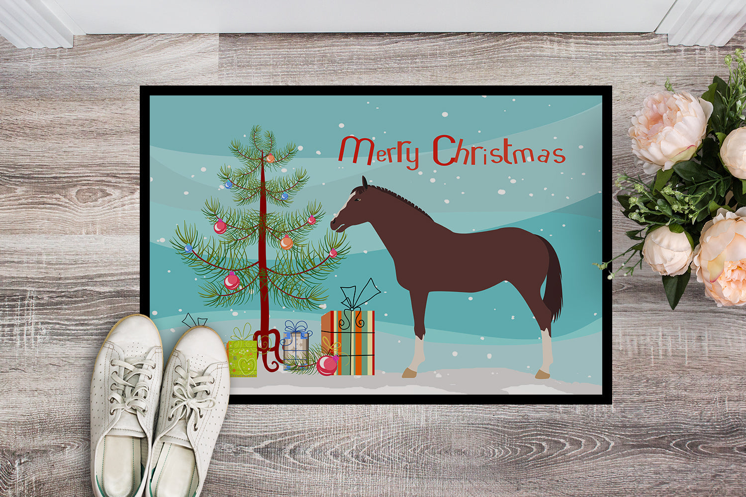 English Thoroughbred Horse Christmas Doormat Indoor Outdoor 18H X 27W Front Door Mat Rugs for Entryway, Non Slip Washable
