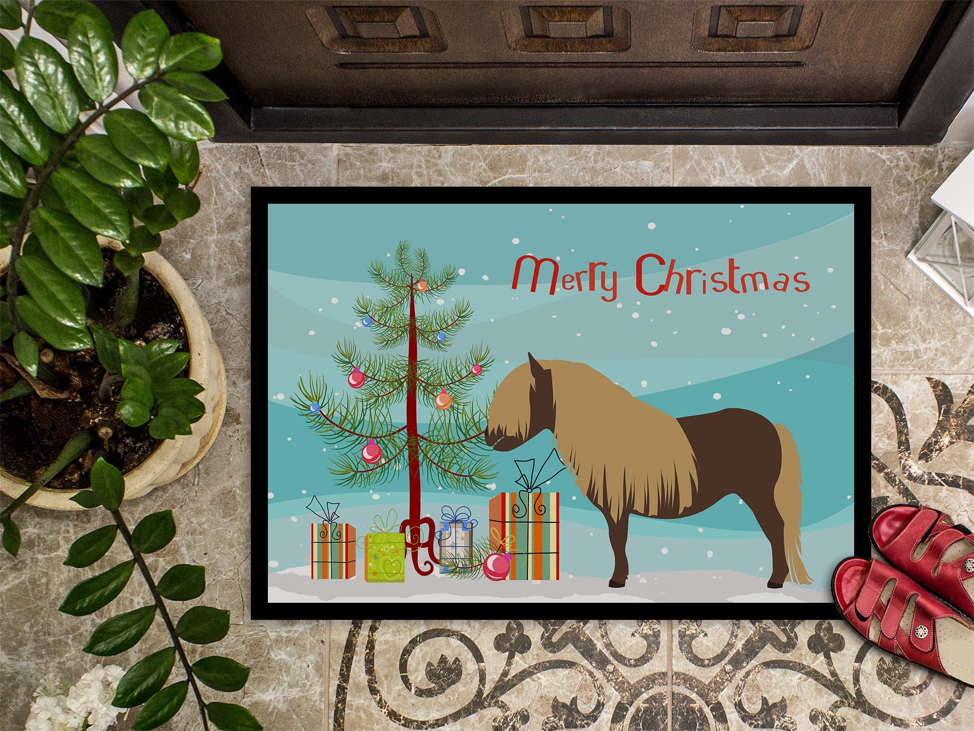 Shetland Pony Horse Christmas Doormat Indoor Outdoor 24H X 36W Front Door Mat Rugs for Entryway, Non Slip Washable Low Pile,
