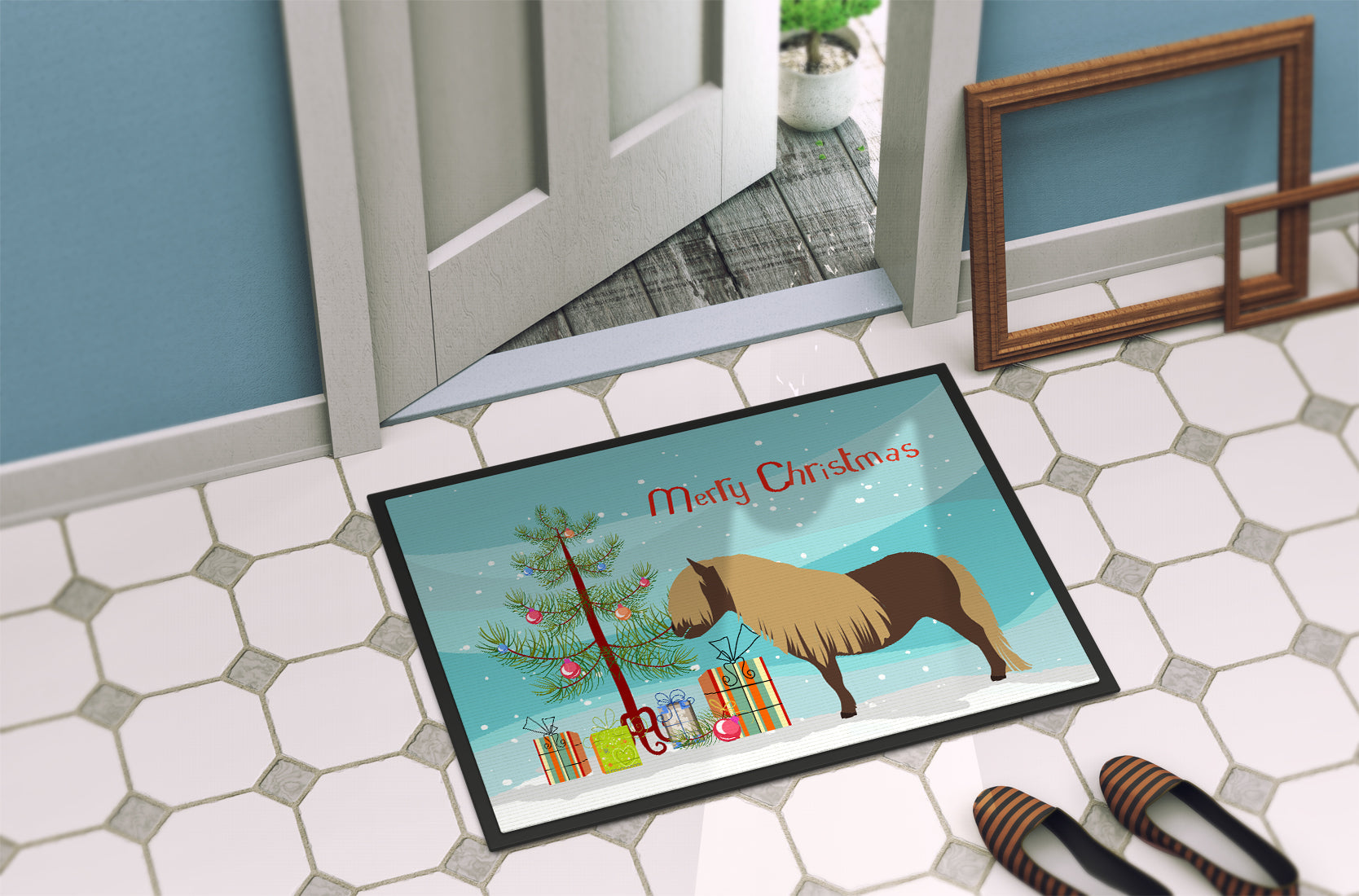 Shetland Pony Horse Christmas Doormat Indoor Outdoor 24H X 36W Front Door Mat Rugs for Entryway, Non Slip Washable Low Pile,
