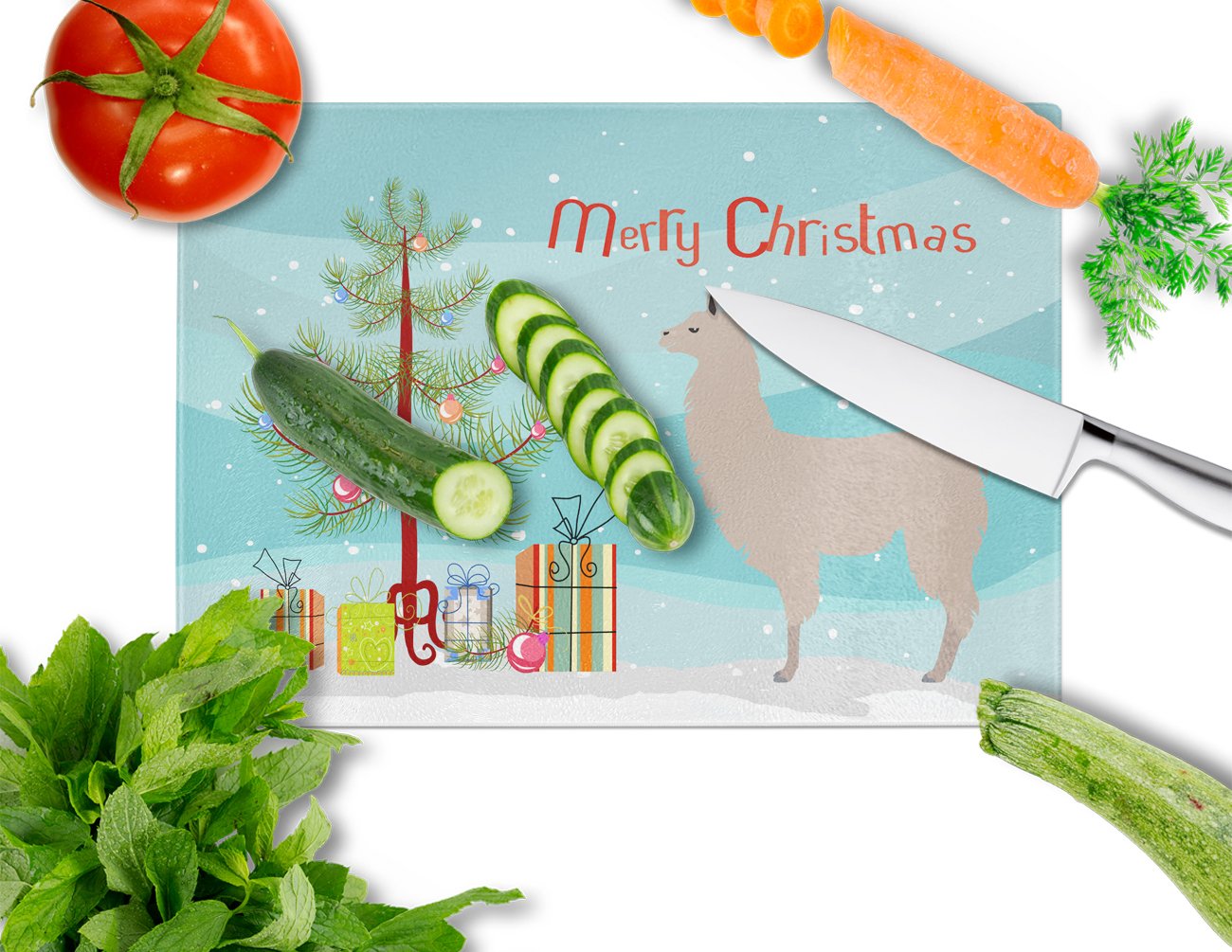Llama Christmas Cutting Board Tempered Glass Kitchen Cutting Surface, Heat Resistant Chopping, Non-Slip Feet, Food Prep & Serving