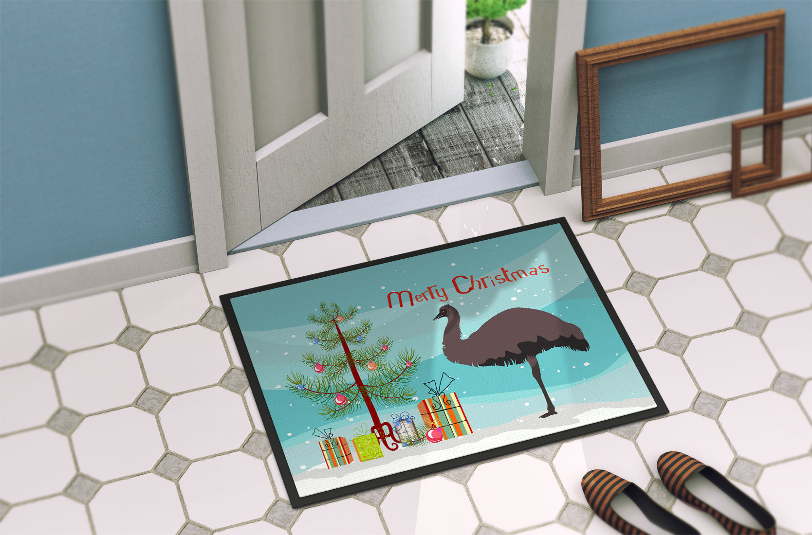 Emu Christmas Doormat Indoor Outdoor 18H X 27W Front Door Mat Rugs for Entryway, Non Slip Washable