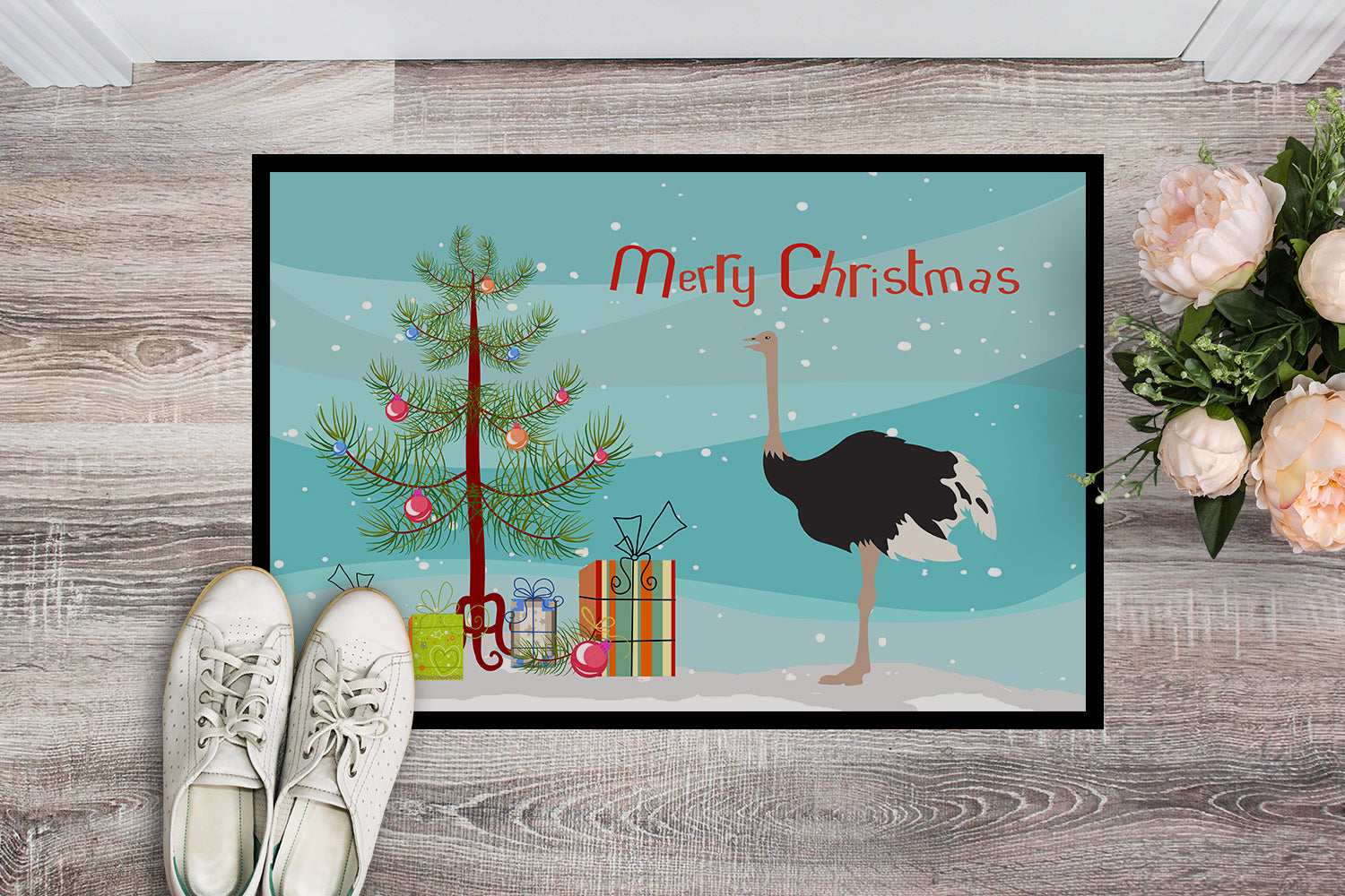 Common Ostrich Christmas Doormat Indoor Outdoor 18H X 27W Front Door Mat Rugs for Entryway, Non Slip Washable