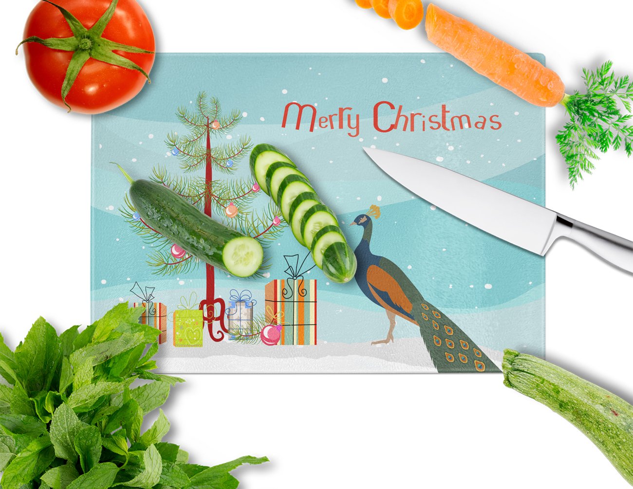 Indian Peacock Peafowl Christmas Cutting Board Tempered Glass Kitchen Cutting Surface, Heat Resistant Chopping, Non-Slip Feet, Food Prep & Serving