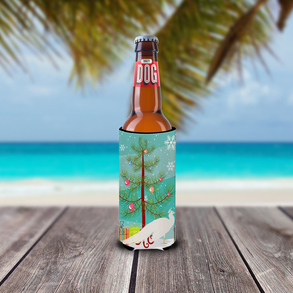 White Peacock Peafowl Christmas Slim Can Hugger , Insulated Foam Hugger for 12 oz Slim Cans, Beer Bottles & Water Bottles, Printed in USA