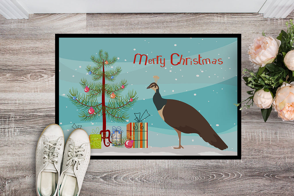 Indian Peahen Peafowl Christmas Doormat Indoor Outdoor 18H X 27W Front Door Mat Rugs for Entryway, Non Slip Washable