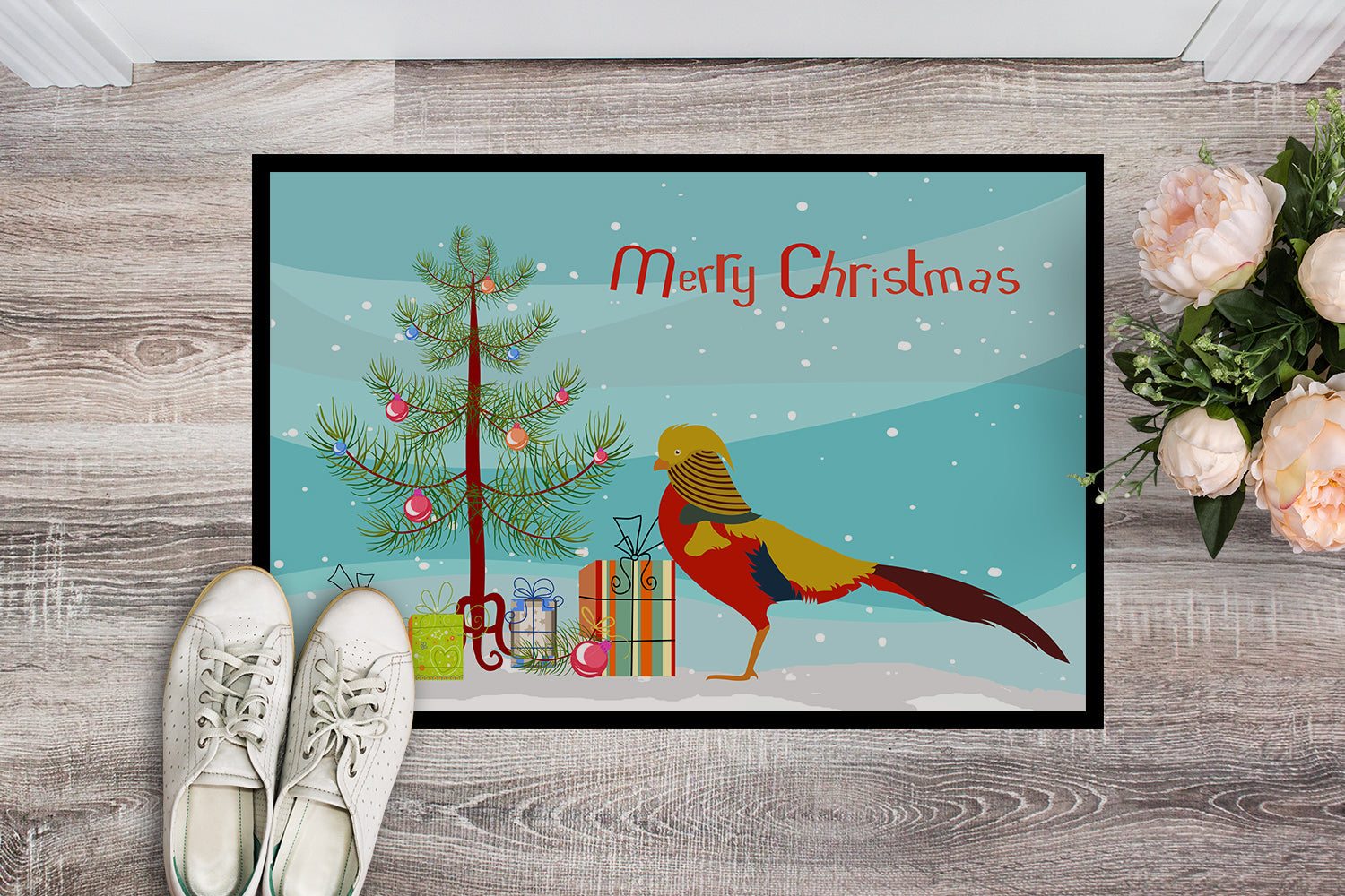 Golden or Chinese Pheasant Christmas Doormat Indoor Outdoor 24H X 36W Front Door Mat Rugs for Entryway, Non Slip Washable Low Pile,