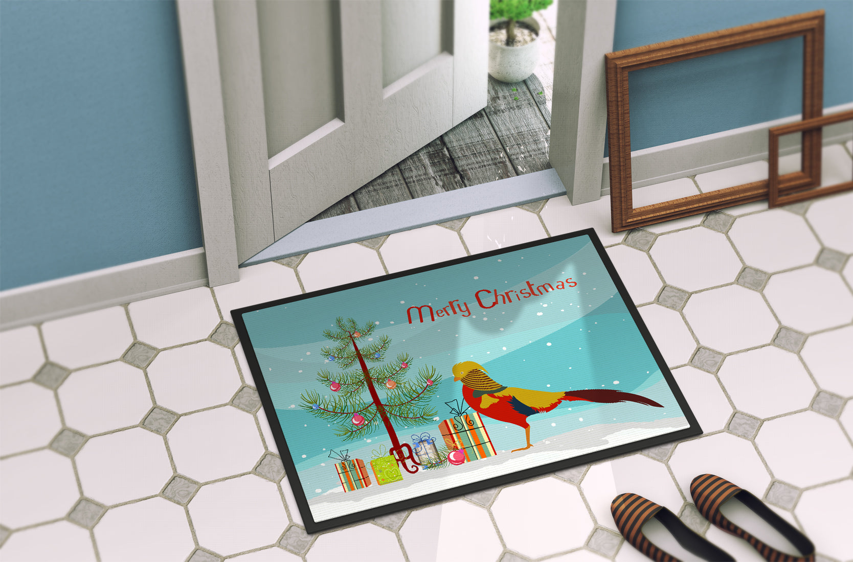 Golden or Chinese Pheasant Christmas Doormat Indoor Outdoor 24H X 36W Front Door Mat Rugs for Entryway, Non Slip Washable Low Pile,