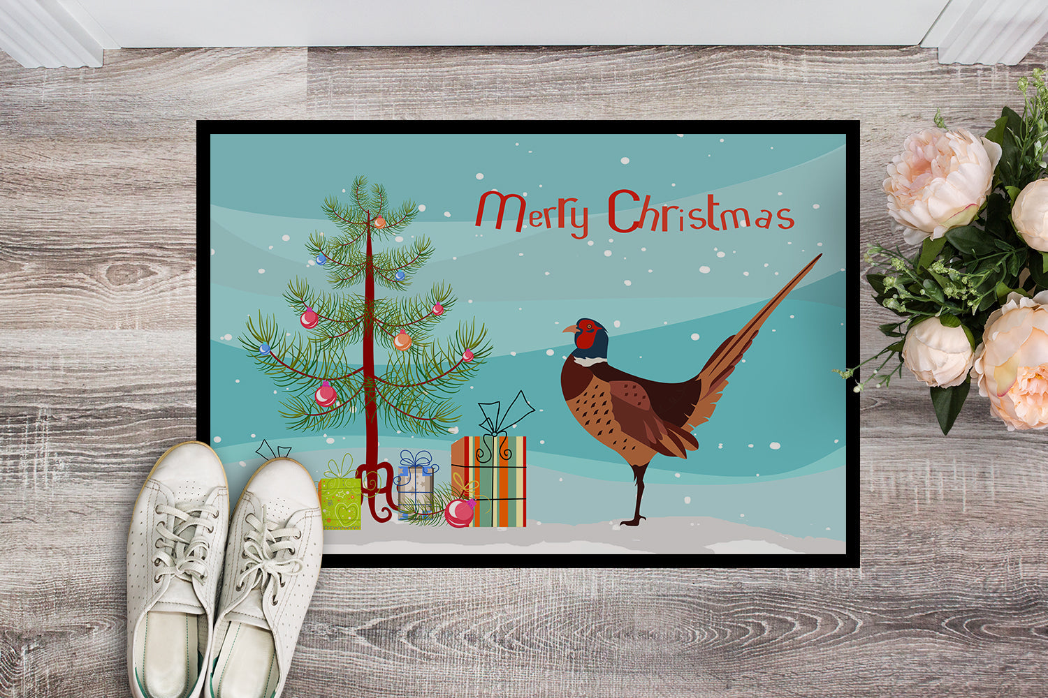 Ring-necked Common Pheasant Christmas Doormat Indoor Outdoor 24H X 36W Front Door Mat Rugs for Entryway, Non Slip Washable Low Pile,