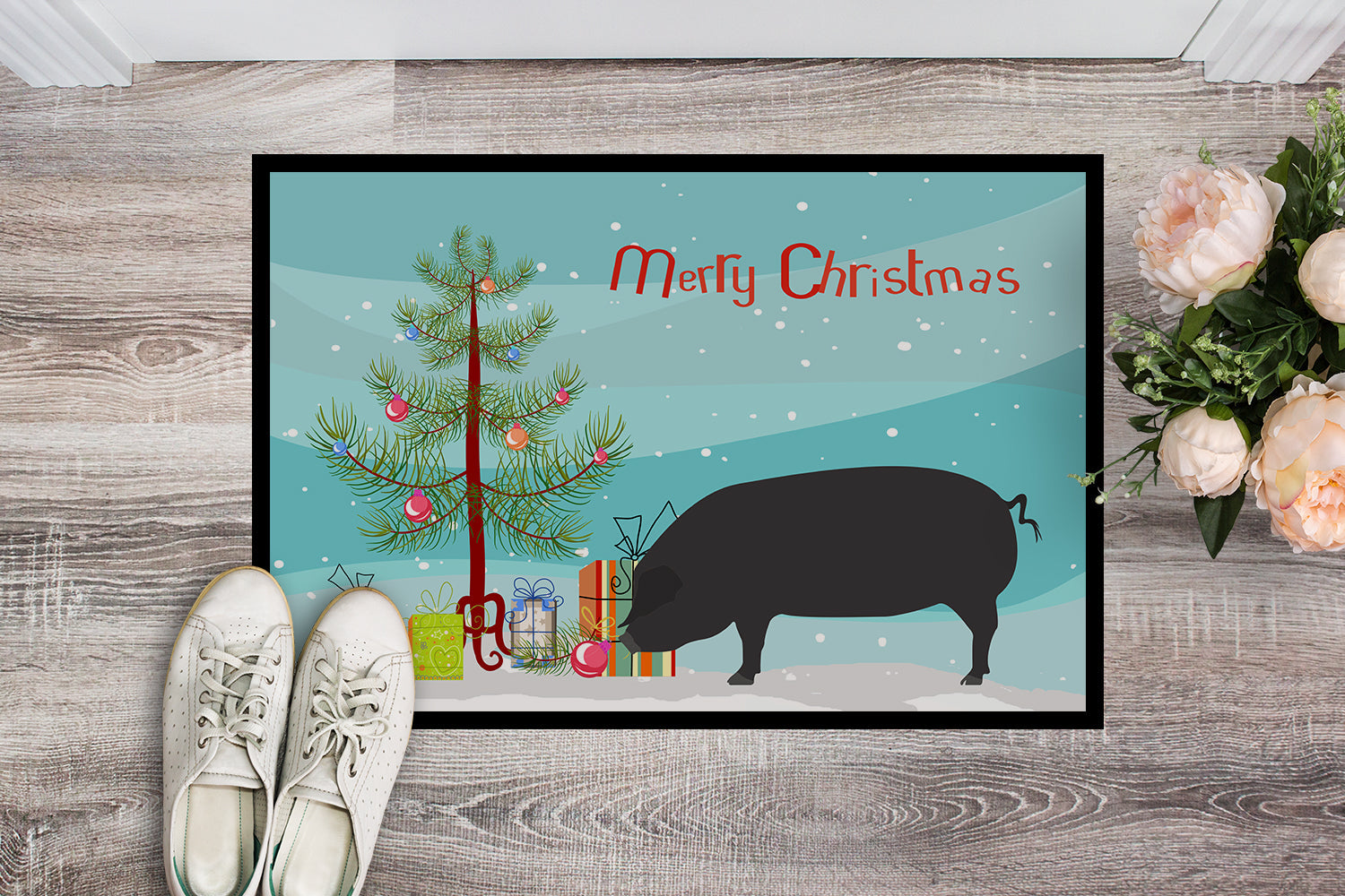 Devon Large Black Pig Christmas Doormat Indoor Outdoor 24H X 36W Front Door Mat Rugs for Entryway, Non Slip Washable Low Pile,