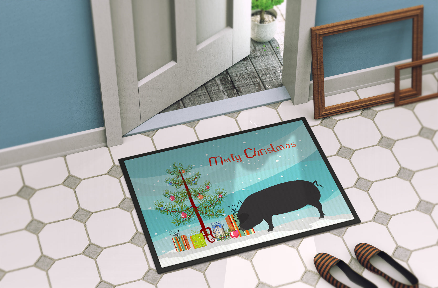 Devon Large Black Pig Christmas Doormat Indoor Outdoor 24H X 36W Front Door Mat Rugs for Entryway, Non Slip Washable Low Pile,