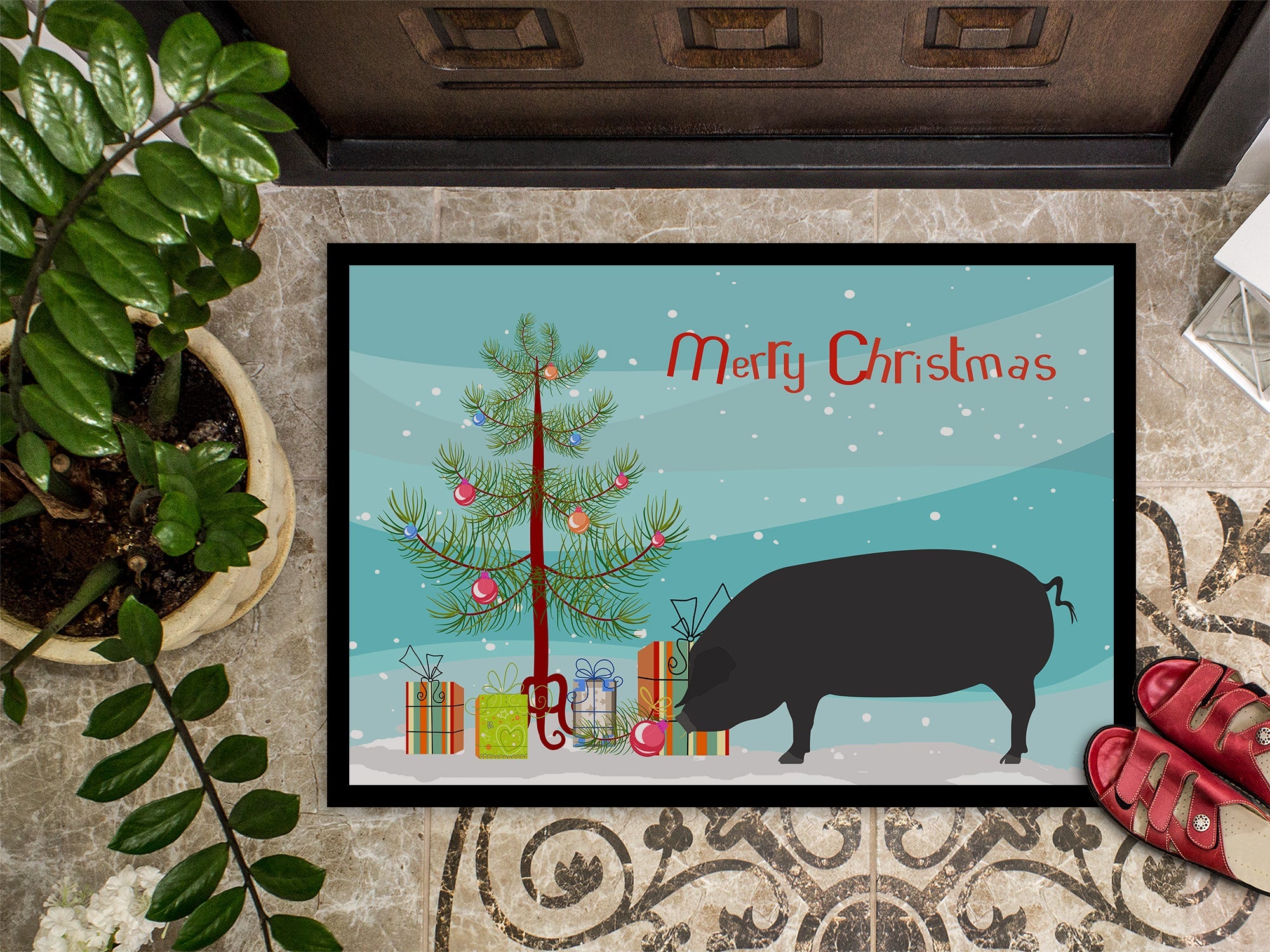 Devon Large Black Pig Christmas Doormat Indoor Outdoor 18H X 27W Front Door Mat Rugs for Entryway, Non Slip Washable