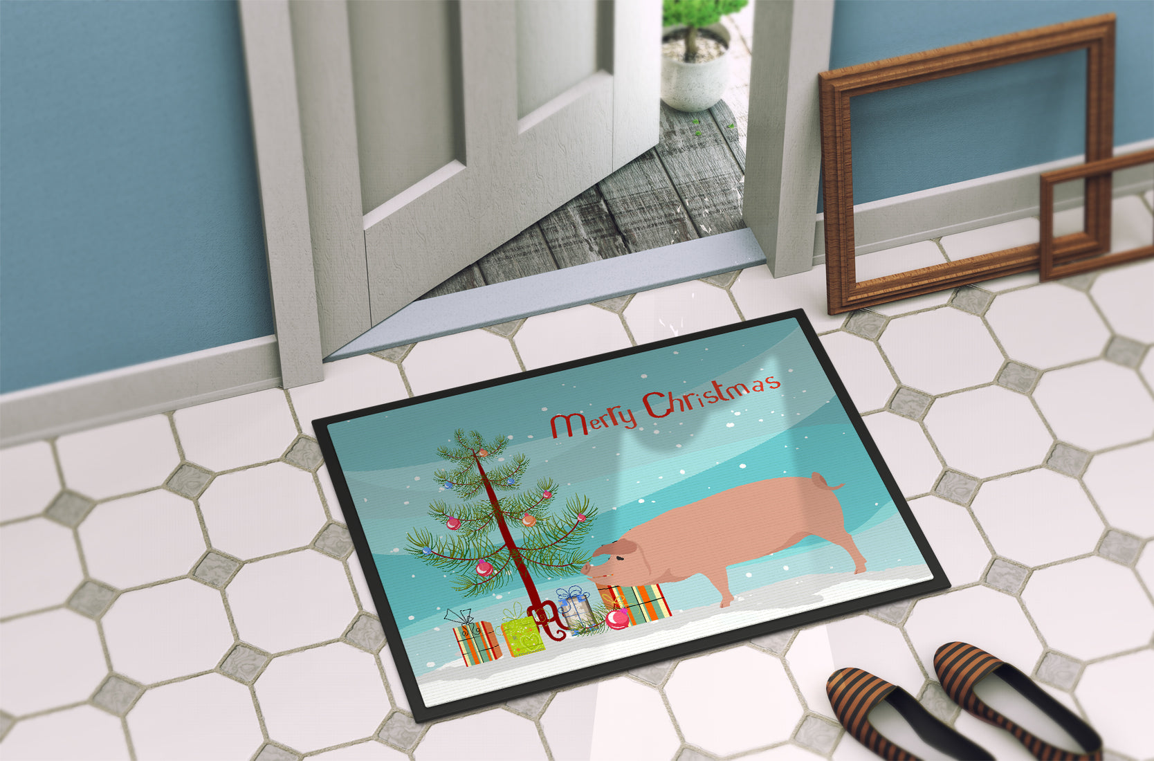American Landrace Pig Christmas Doormat Indoor Outdoor 24H X 36W Front Door Mat Rugs for Entryway, Non Slip Washable Low Pile,