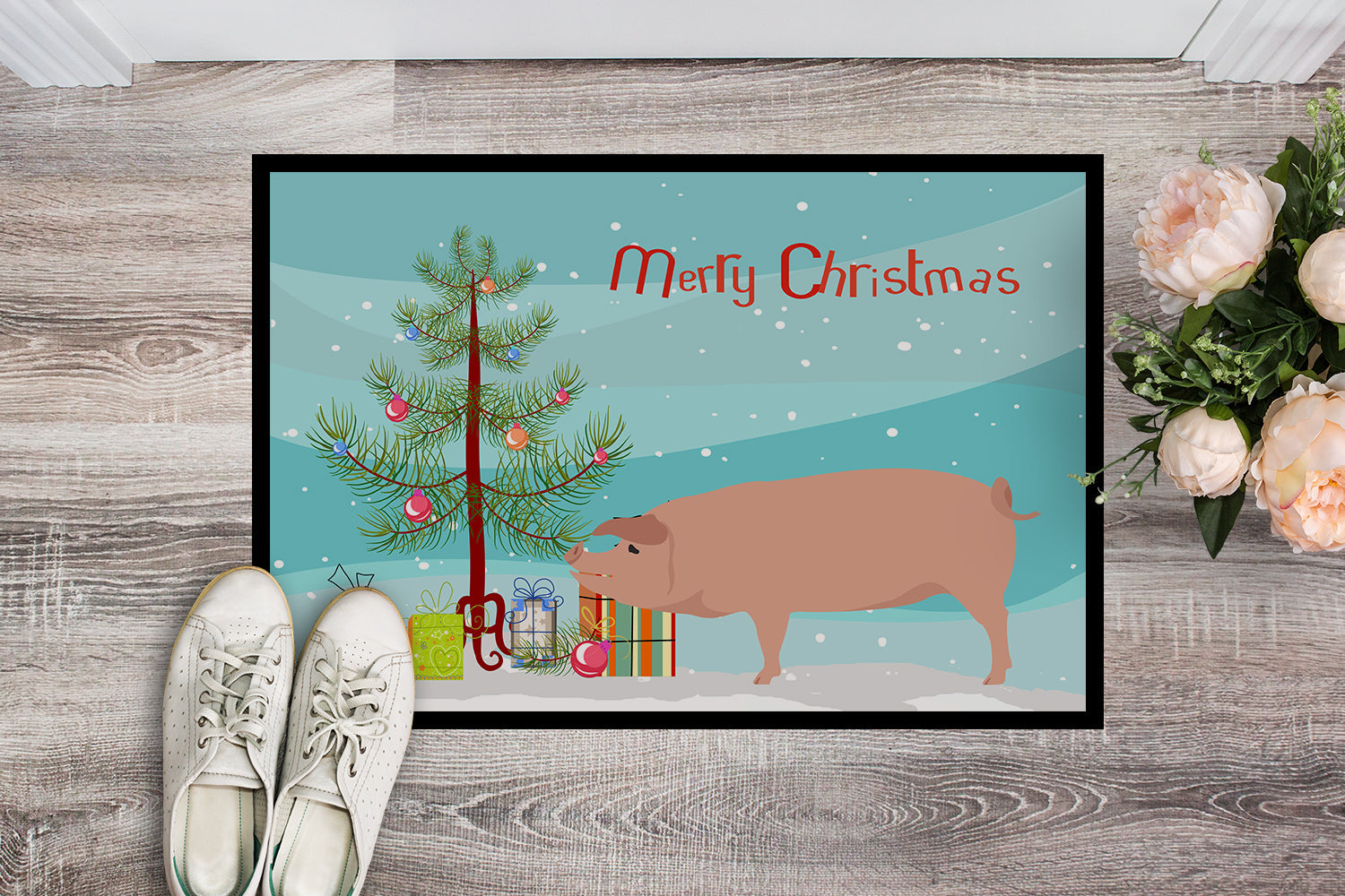 American Landrace Pig Christmas Doormat Indoor Outdoor 18H X 27W Front Door Mat Rugs for Entryway, Non Slip Washable
