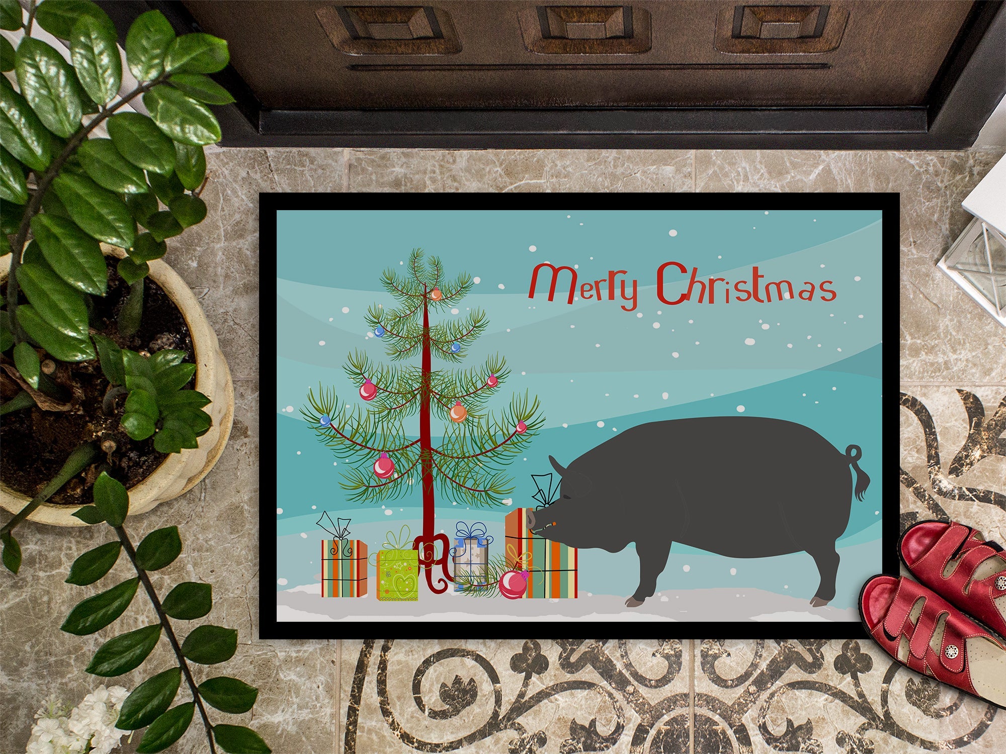 Berkshire Pig Christmas Doormat Indoor Outdoor 18H X 27W Front Door Mat Rugs for Entryway, Non Slip Washable
