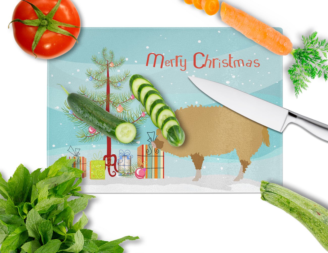 Hungarian Mangalica Pig Christmas Cutting Board Tempered Glass Kitchen Cutting Surface, Heat Resistant Chopping, Non-Slip Feet, Food Prep & Serving