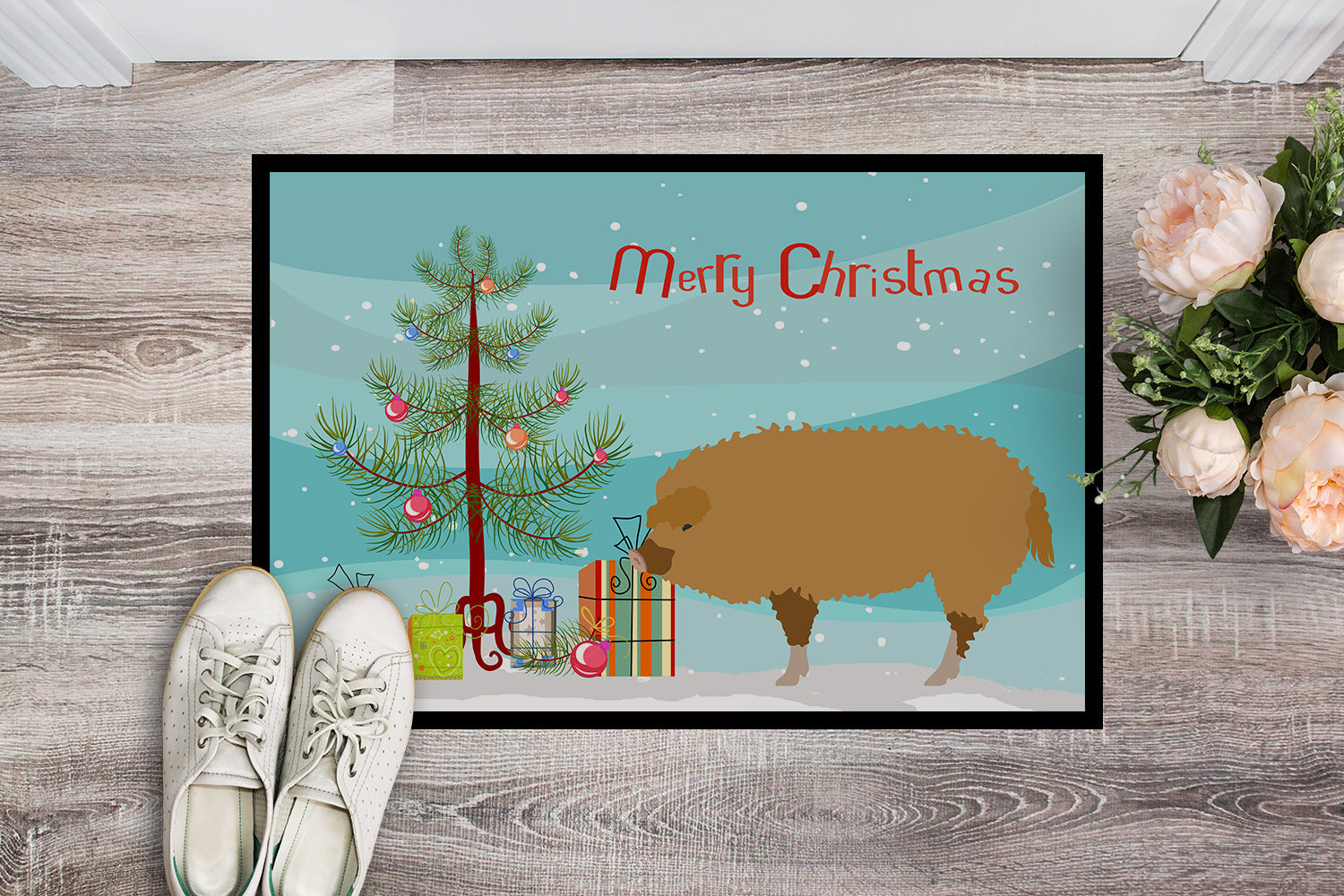Hungarian Mangalica Pig Christmas Doormat Indoor Outdoor 18H X 27W Front Door Mat Rugs for Entryway, Non Slip Washable