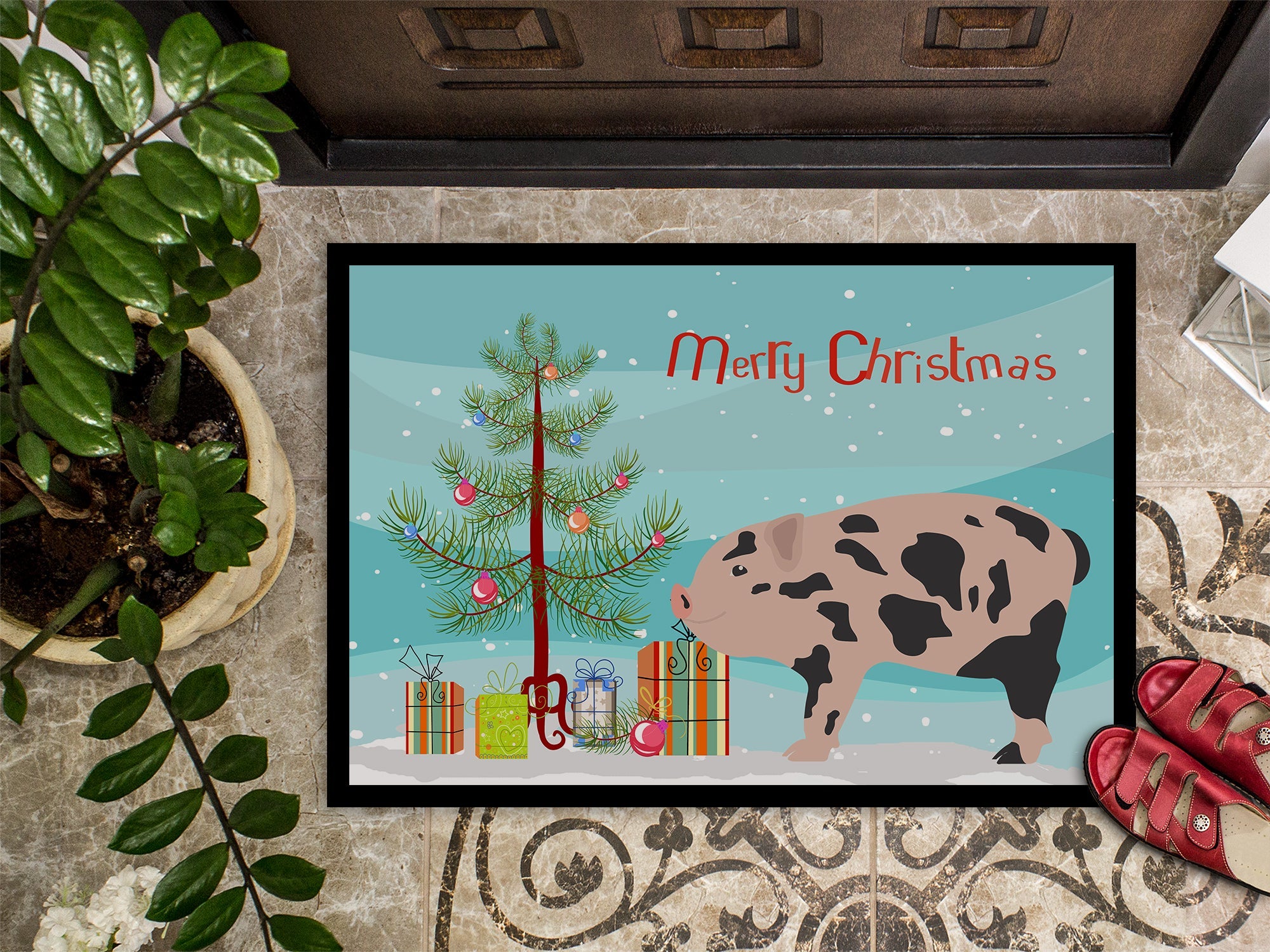 Mini Miniature Pig Christmas Doormat Indoor Outdoor 18H X 27W Front Door Mat Rugs for Entryway, Non Slip Washable