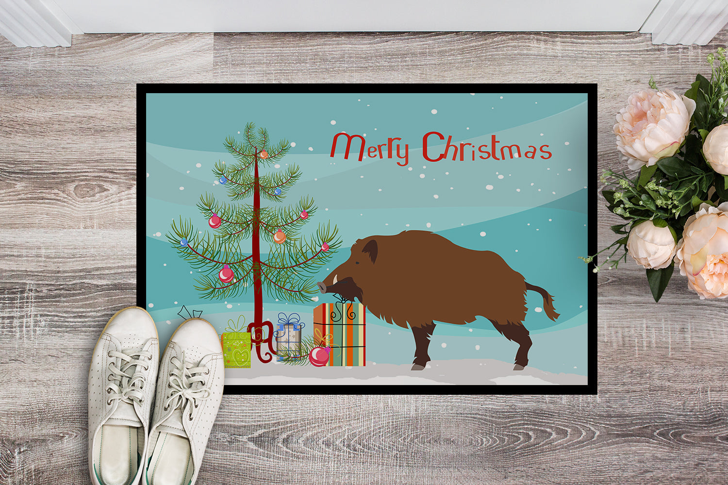 Wild Boar Pig Christmas Doormat Indoor Outdoor 18H X 27W Front Door Mat Rugs for Entryway, Non Slip Washable