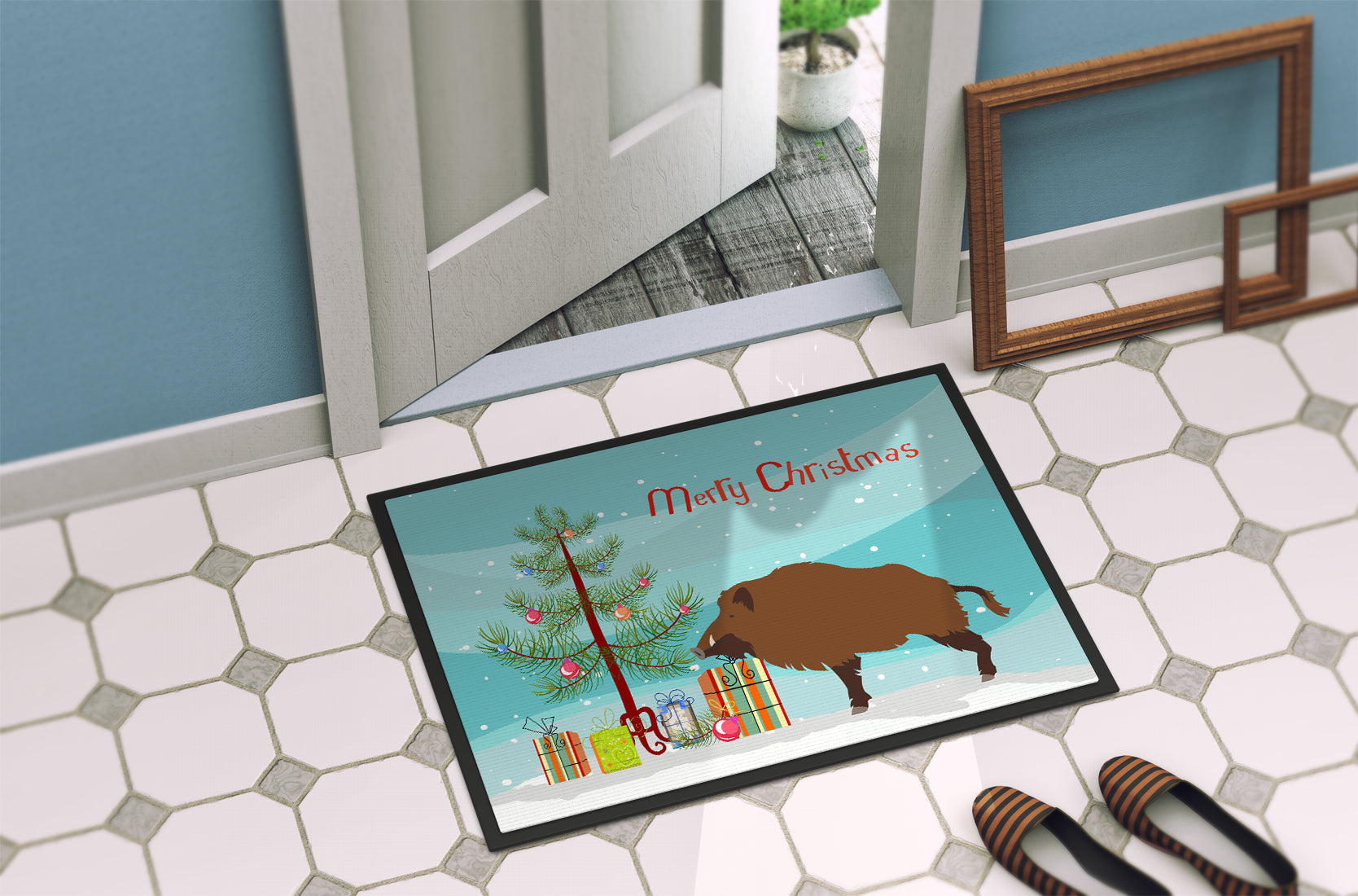 Wild Boar Pig Christmas Doormat Indoor Outdoor 18H X 27W Front Door Mat Rugs for Entryway, Non Slip Washable