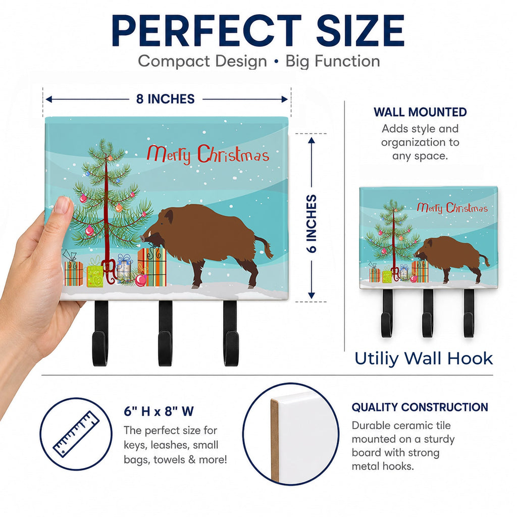 Wild Boar Pig Christmas Leash or Key Holder Wall Hooks, Coat Rack Wall Mount, for Hanging Keys, Towels, Aprons, Leashes
