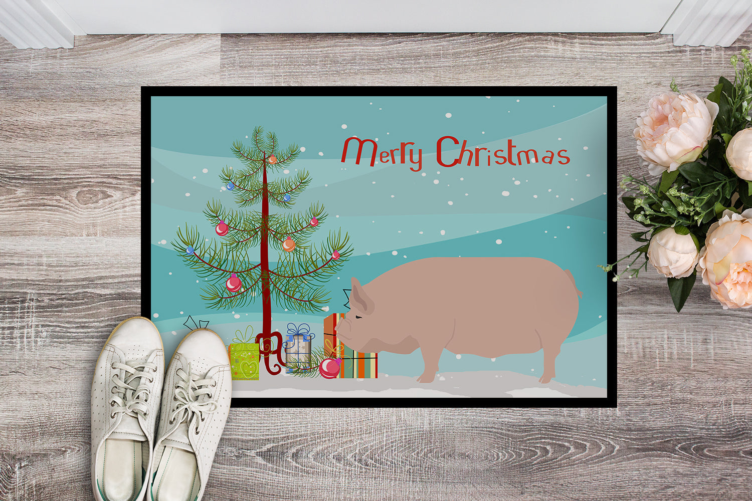 Welsh Pig Christmas Doormat Indoor Outdoor 24H X 36W Front Door Mat Rugs for Entryway, Non Slip Washable Low Pile,