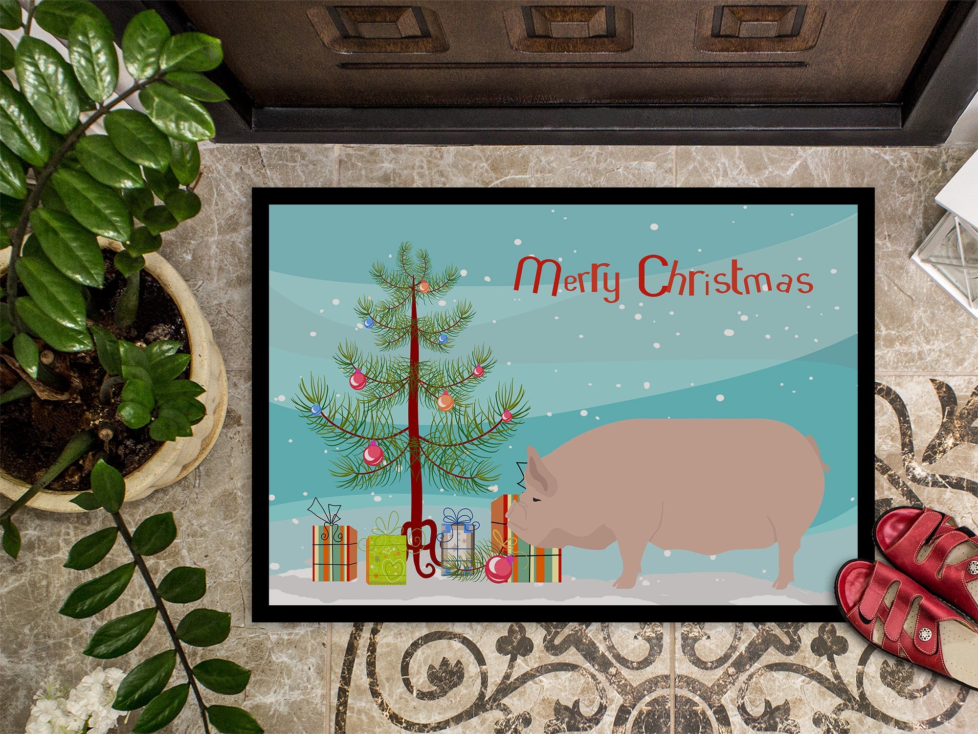 Welsh Pig Christmas Doormat Indoor Outdoor 24H X 36W Front Door Mat Rugs for Entryway, Non Slip Washable Low Pile,