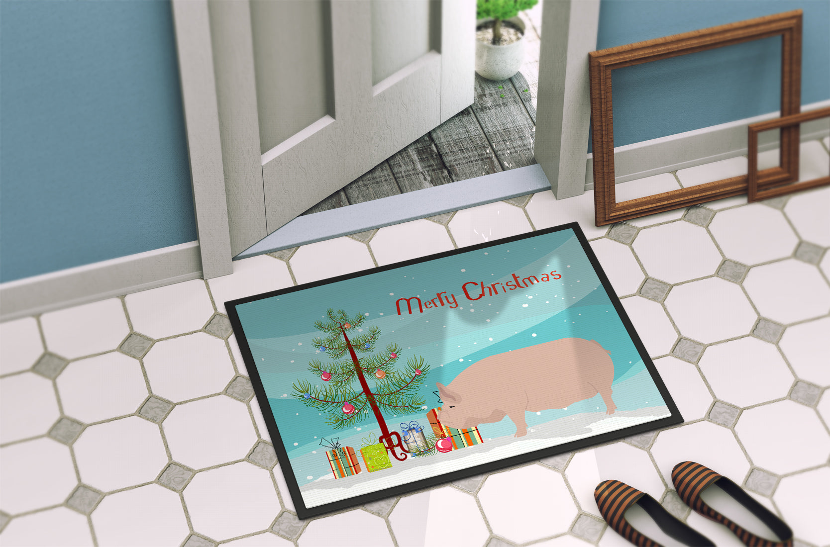 Welsh Pig Christmas Doormat Indoor Outdoor 24H X 36W Front Door Mat Rugs for Entryway, Non Slip Washable Low Pile,