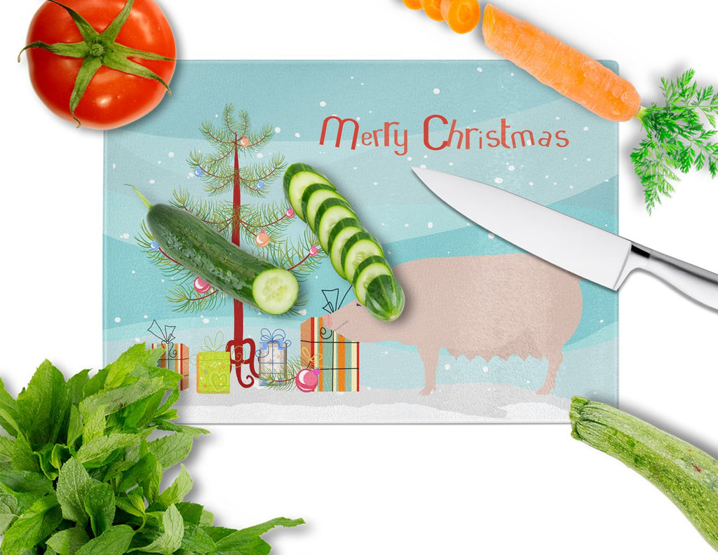English Large White Pig Christmas Cutting Board Tempered Glass Kitchen Cutting Surface, Heat Resistant Chopping, Non-Slip Feet, Food Prep & Serving