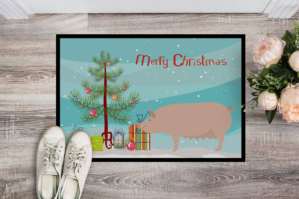 English Large White Pig Christmas Doormat Indoor Outdoor 18H X 27W Front Door Mat Rugs for Entryway, Non Slip Washable